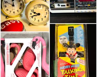 A set of vintage Don Featherstone pink flamingo blow mold lawn ornaments, two retro twin-bell alarm clocks, Staples “Easy” button, a vintage 1980s Soundesign AM/FM alarm clock, radio, cassette player, and telephone combination unit. And a vintage 1991 Disney's Mickey Mouse Talking Time watch in its original, unopened packaging.