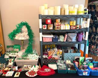 Huge collection of St. Patrick’s day apparel, Christmas pins, vintage makeup including Dolce, Lancôme and Clinique. Dr. Scholls inserts and feet care. Vintage hair clips and accessories. 