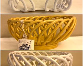 Collection of Eucalyptus Stoneware ceramic open weave basket bowls and napkin holder. 