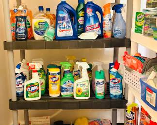 An assortment of cleaning products including: OXO, Clorox, Lysol, Dawn, Resolve, Swiffer and more.