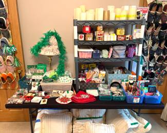 Huge collection of St. Patrick’s day apparel, Christmas pins, vintage makeup including Dolce, Lancôme and Clinique. Dr. Scholls inserts and feet care. Vintage hair clips and accessories. 