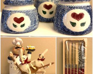 A vintage set of blue and white speckled spongeware heart country canisters. Chef-themed decorative sculptures and a set of Laguiole de table knives.