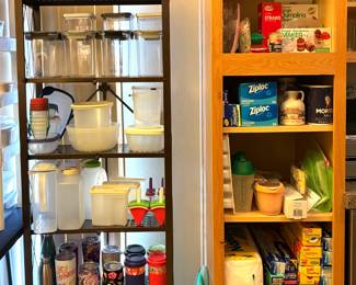 Kitchen staples including bone broth, Ziploc bags, Morton salt, Glad Press'n Seal wrap, and various other pantry staples plus organizing containers food containers. 