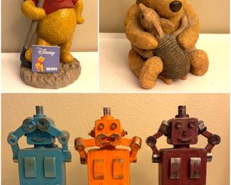 Disney Simply Pooh collectible figurines and three multi-colored resin robots by Three Hands. 