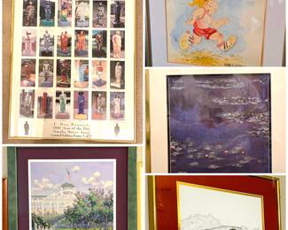 A poster for a local public art project in Omaha, Nebraska. Project Name: J. Doe Project, "2001 Year of the Doe". A matted print of an original painting depicting the historic Grand Hotel on Mackinac Island, Michigan. a watercolor illustration in the style of artist Gary Patterson. a photograph of a framed print of Claude Monet's famous painting, Water Lilies. And a limited edition print of the Roseman Covered Bridge in Madison County, Iowa. 