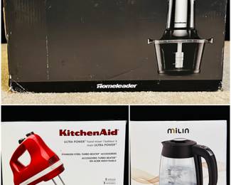 a Homeleader food chopper, a KitchenAid hand mixer, and a Milin electric kettle. 