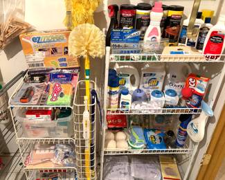 Collection of cleaning supplies, first aid bandages, laundry detergent, wood and stainless steel cleaner, sponges and more. 