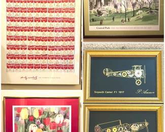 A framed print of Andy Warhol's Campbell's Soup Cans. 
A framed print titled Central Park, from The Metropolitan Museum of Art.
A framed print of the USPS Tulip Blossoms Forever stamps. 
Two framed aviation prints by P. Ammen, one of a Sopwith Camel F1 1917 and the other a Spitfire V 1942.