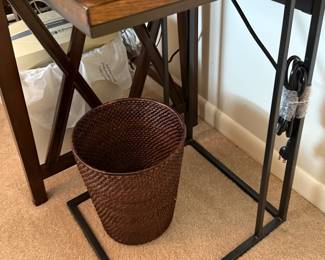 C-Shaped End Table with Rustic Brown Top and Black Metal Frame
