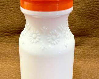 Vintage Milk Glass Canister with Orange Plastic Lid and Embossed Daisy Floral Pattern