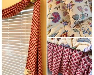Window Valance and Coordinating Bedding with Red/White Geometric Pattern and Floral Design