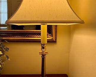 Brass Candlestick Table Lamp with Square Base and Fabric Empire Shade