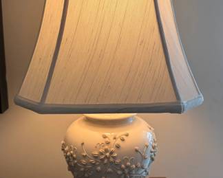 Chinoiserie Ceramic Ginger Jar Table Lamp with Raised Floral Design and Fabric Shade