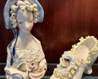 Vintage Porcelain Woman and Decorative Shoe Figurines