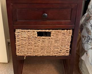 Dark Red Storage Side Table with Single Drawer and Natural Wicker Basket