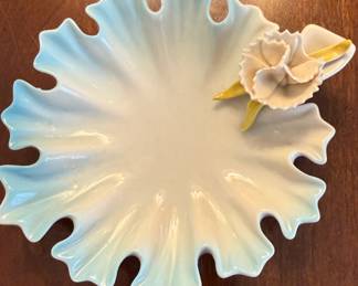 Vintage Lenwile China Ardalt Porcelain Ruffled Leaf-Shaped Trinket Dish with Flower Accent