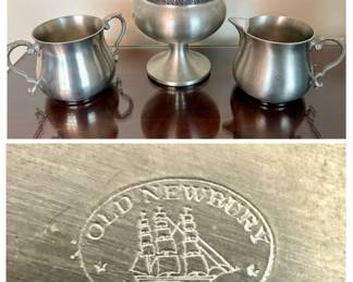 "Old Newbury Pewter" Creamer, Sugar Bowl, and Lidded Urn