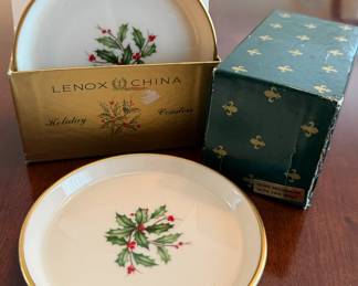 Lenox "Holiday" Porcelain Coasters with Holly/Berry Motif and Gold Rim