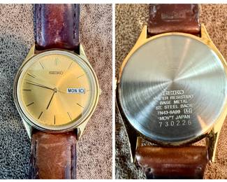 Vintage Seiko (7N43-8A99) Men's Watch with Champagne Dial and Brown Leather Strap