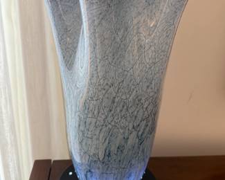 Glass Vase with a Ruffled "Handkerchief" Style Rim and Marbled Blue Texture