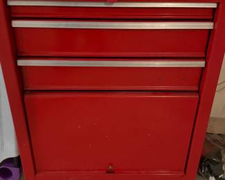Red Steel Rolling Four Drawer Tool Cabinet with Lower Bulk Storage Compartment
