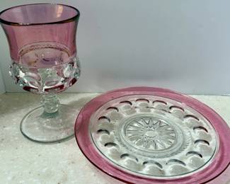 Ruby Red Flash Thumbprint Goblet and Matching Plates