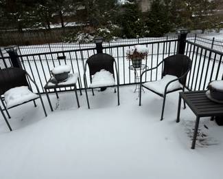 Stackable Indoor/Outdoor Matte Black Steel Frame Chairs with Woven Seat/Back and Matching Side Tables