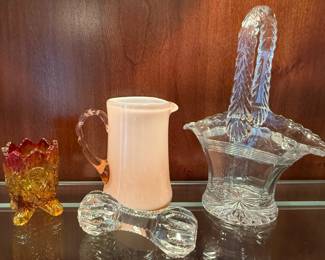 Collection of Vintage Glass including a Small Amber-Colored Toothpick Holder, a Peach Creamer, and Basket with Handle
