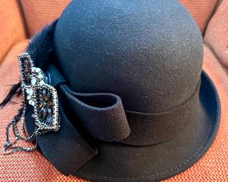 Black Wool Felt Cloche Hat with Bow and Decorative Pin