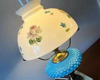 105 Antique Fenton Hobnail Lamp With Original Handpainted Milk Glass Shade