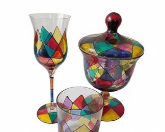 Set of HandPainted Stained Glass Style Glassware Goblet, Candy Dish, Tumbler