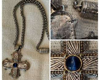 Sterling Silver and Blue Cats Eye Cross Pendant Necklace