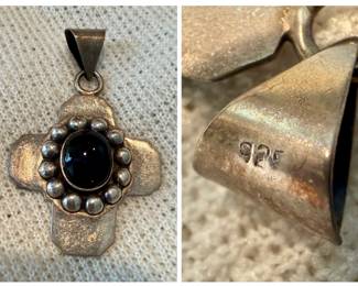 Vintage Taxco Sterling Silver Onyx Cross Pendant