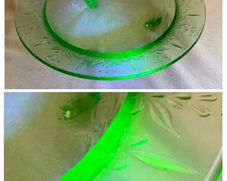 Green Uranium Glass Rose and Thorn Pattern Plate