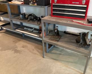 Metal Shelving Unit with Craftsman Toolbox and Power Tools