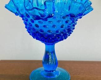 Fenton Colonial Blue Hobnail Ruffled Compote
