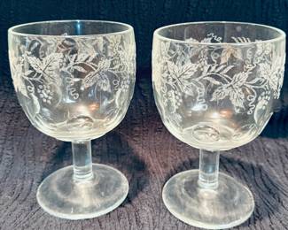 Vintage Bartlett Collins Grape Leaf Etched Wine Glasses