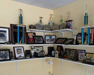 Collection of Car Show Trophies and Memorabilia