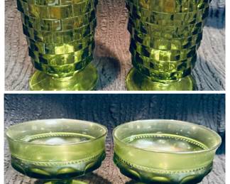 Indiana Glass Whitehall Cubist Avocado Green Footed Dessert Bowls and Tumblers Set