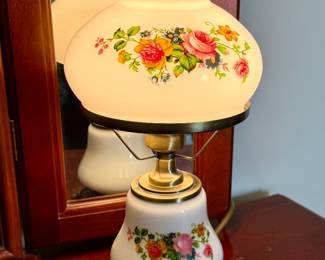 Vintage Gone With The Wind Floral Milk Glass Hurricane Lamp