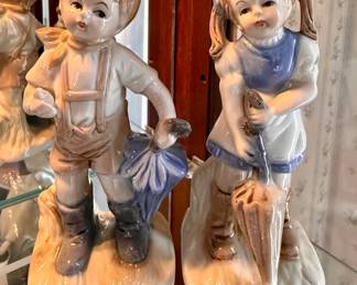 Vintage Porcelain Figurines of Boy and Girl with Umbrellas, Hummel Style