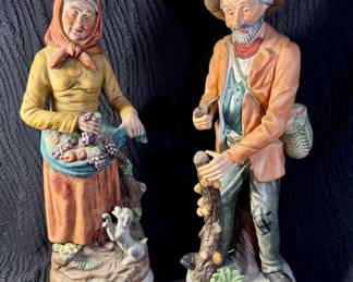 Vintage HOMCO Porcelain Figurine Set Old Farmer with Dog and Woman with Basket