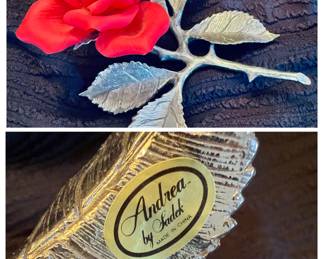 Andrea by Sadek Red Rose with SilverTone Stem and Leaves