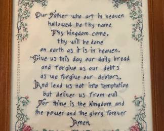 Framed Our Father Prayer CrossStitch Sampler with Floral Border