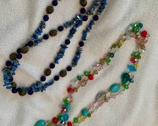 Two Beaded Necklaces Lapis Lazuli Chips and Mixed Glass Beads