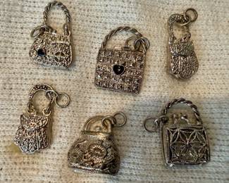 Set of Six Vintage Handbag Charms with Marcasite and Stones