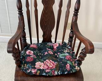 Antique Oak Press Back Rocking Chair with Floral Cushion