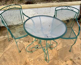 Vintage Woodard Wrought Iron Patio Set with Glass Top Table and Two Chairs