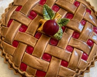 Vintage Ceramic Red Cherry Pie Dish with Recipe and Lid