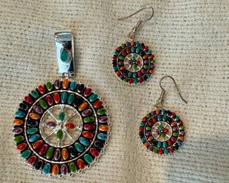 Native American Sterling Silver MultiStone Inlay Medallion Pendant and Earrings Set